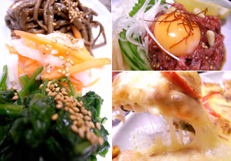 花郎亭のナムル盛合せ、ユッケ、キムチーズチヂミ